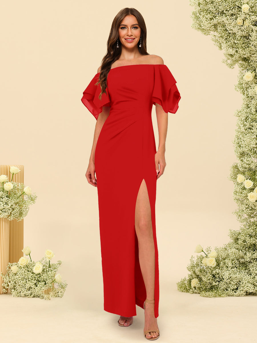 Sheath/Column Off-the-Shoulder Short Sleeves Ankle-Length Chiffon Bridesmaid Dresses with Split Side