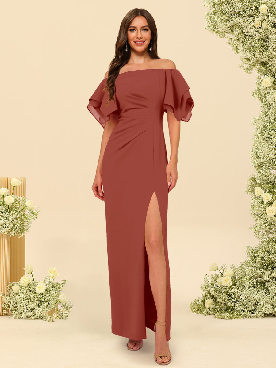 Sheath/Column Off-the-Shoulder Short Sleeves Ankle-Length Chiffon Bridesmaid Dresses with Split Side