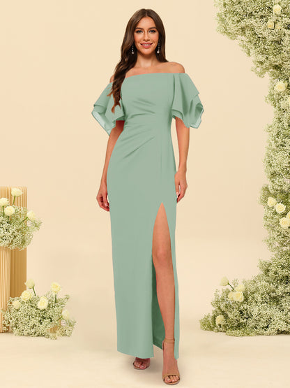 Sheath/Column Off-the-Shoulder Short Sleeves Ankle-Length Chiffon Bridesmaid Dresses with Split Side