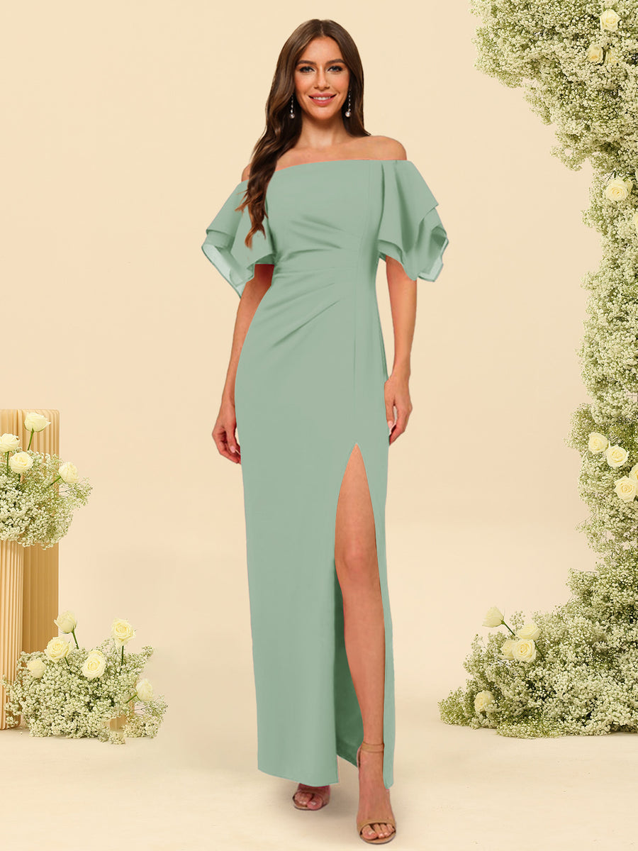 Sheath/Column Off-the-Shoulder Short Sleeves Ankle-Length Chiffon Bridesmaid Dresses with Split Side