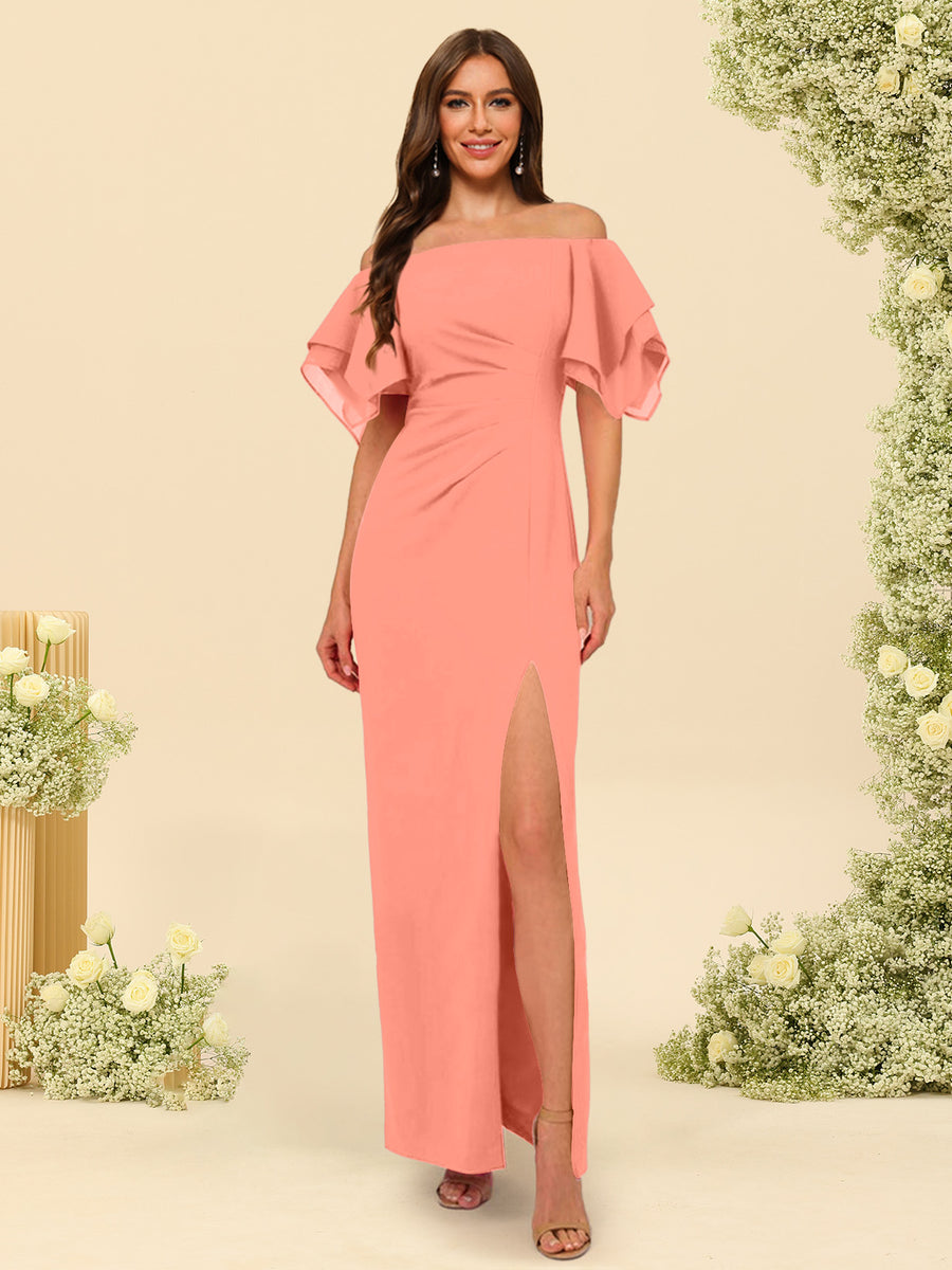 Sheath/Column Off-the-Shoulder Short Sleeves Ankle-Length Chiffon Bridesmaid Dresses with Split Side