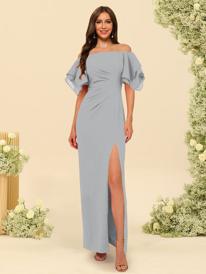 Sheath/Column Off-the-Shoulder Short Sleeves Ankle-Length Chiffon Bridesmaid Dresses with Split Side