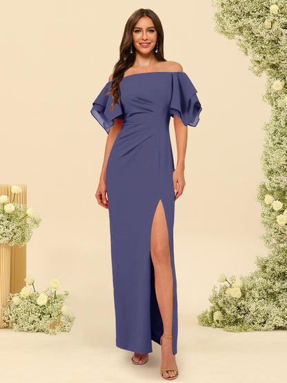 Sheath/Column Off-the-Shoulder Short Sleeves Ankle-Length Chiffon Bridesmaid Dresses with Split Side