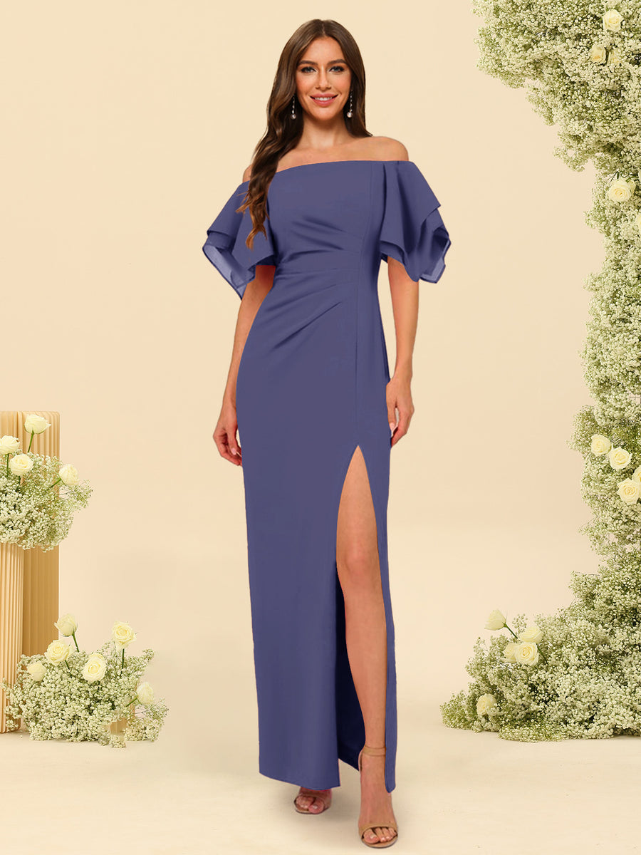Sheath/Column Off-the-Shoulder Short Sleeves Ankle-Length Chiffon Bridesmaid Dresses with Split Side