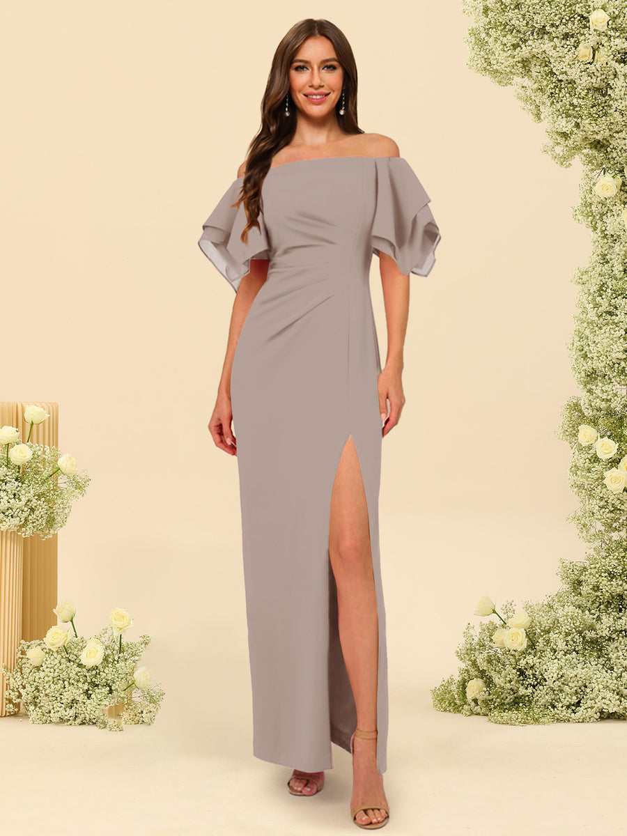 Sheath/Column Off-the-Shoulder Short Sleeves Ankle-Length Chiffon Bridesmaid Dresses with Split Side