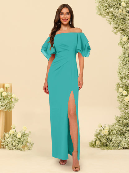Sheath/Column Off-the-Shoulder Short Sleeves Ankle-Length Chiffon Bridesmaid Dresses with Split Side
