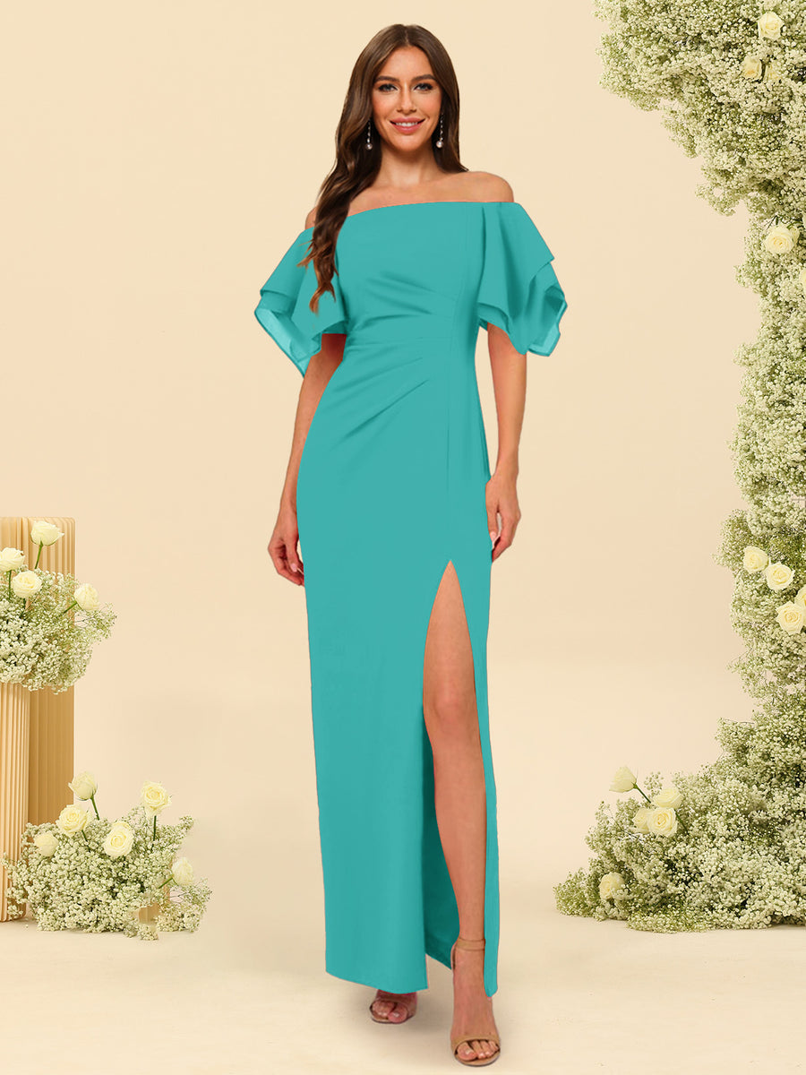 Sheath/Column Off-the-Shoulder Short Sleeves Ankle-Length Chiffon Bridesmaid Dresses with Split Side