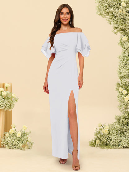 Sheath/Column Off-the-Shoulder Short Sleeves Ankle-Length Chiffon Bridesmaid Dresses with Split Side