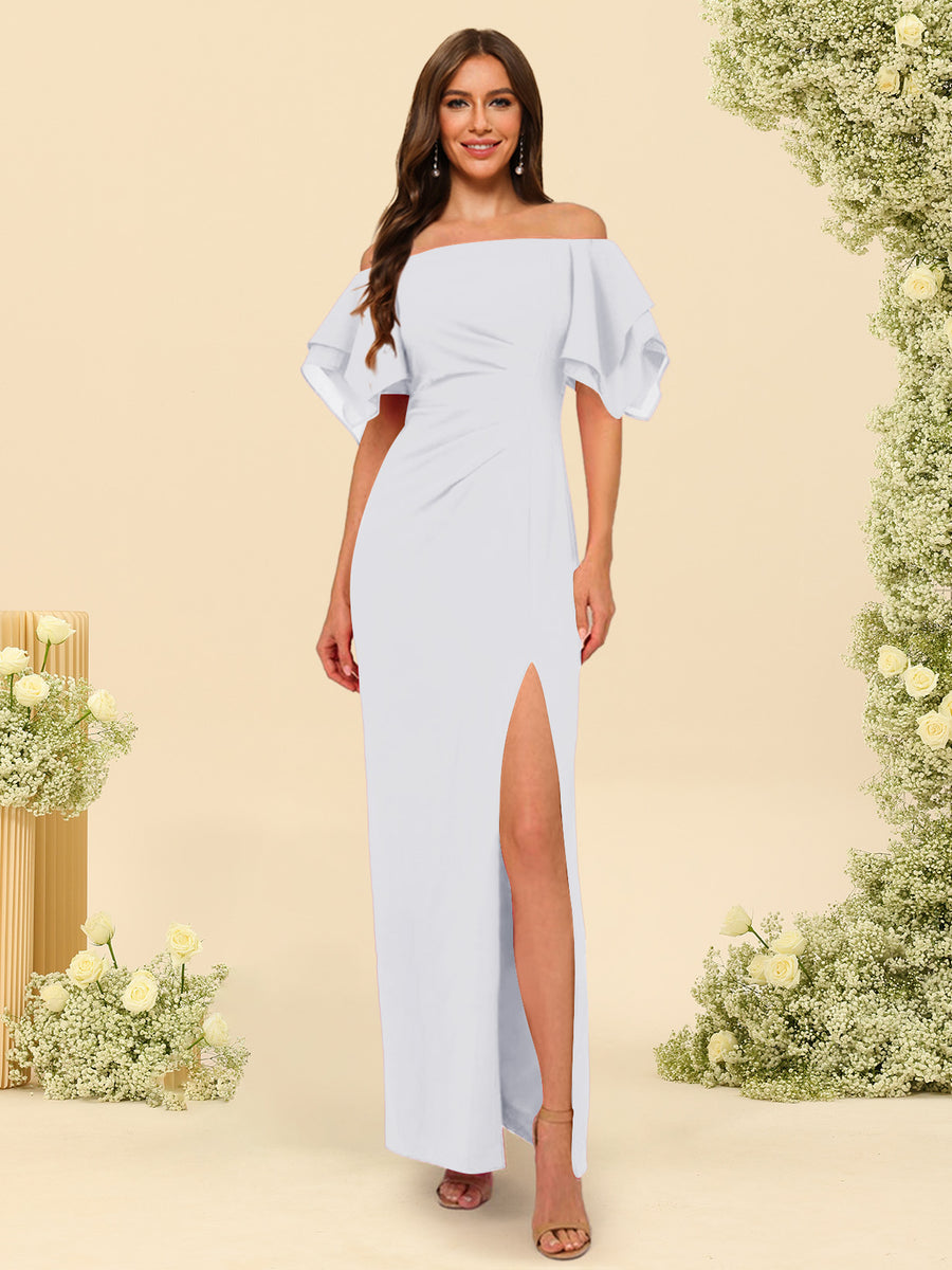 Sheath/Column Off-the-Shoulder Short Sleeves Ankle-Length Chiffon Bridesmaid Dresses with Split Side