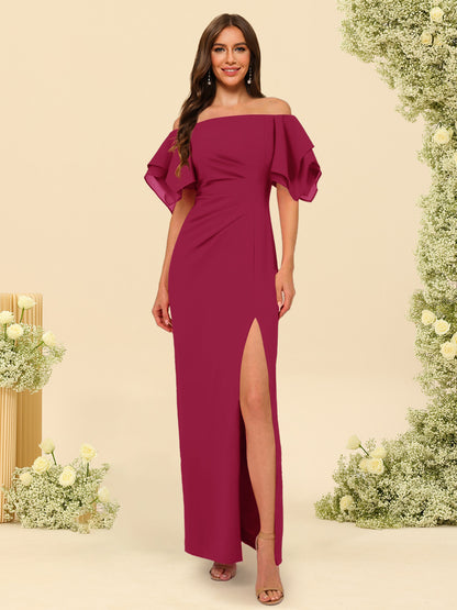 Sheath/Column Off-the-Shoulder Short Sleeves Ankle-Length Chiffon Bridesmaid Dresses with Split Side
