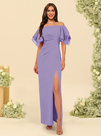Sheath/Column Off-the-Shoulder Short Sleeves Ankle-Length Chiffon Bridesmaid Dresses with Split Side