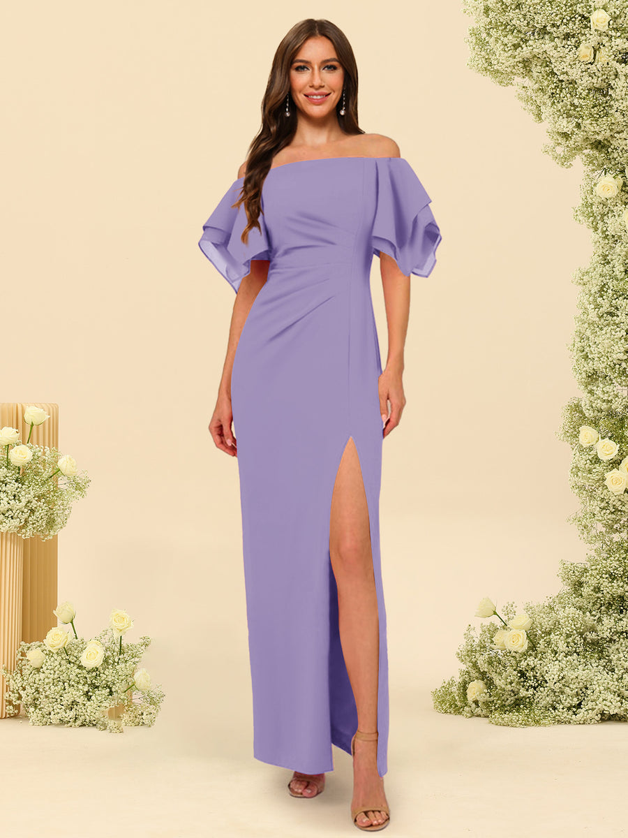 Sheath/Column Off-the-Shoulder Short Sleeves Ankle-Length Chiffon Bridesmaid Dresses with Split Side