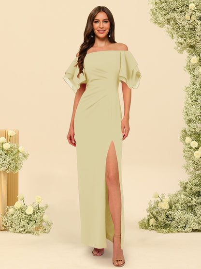 Sheath/Column Off-the-Shoulder Short Sleeves Ankle-Length Chiffon Bridesmaid Dresses with Split Side