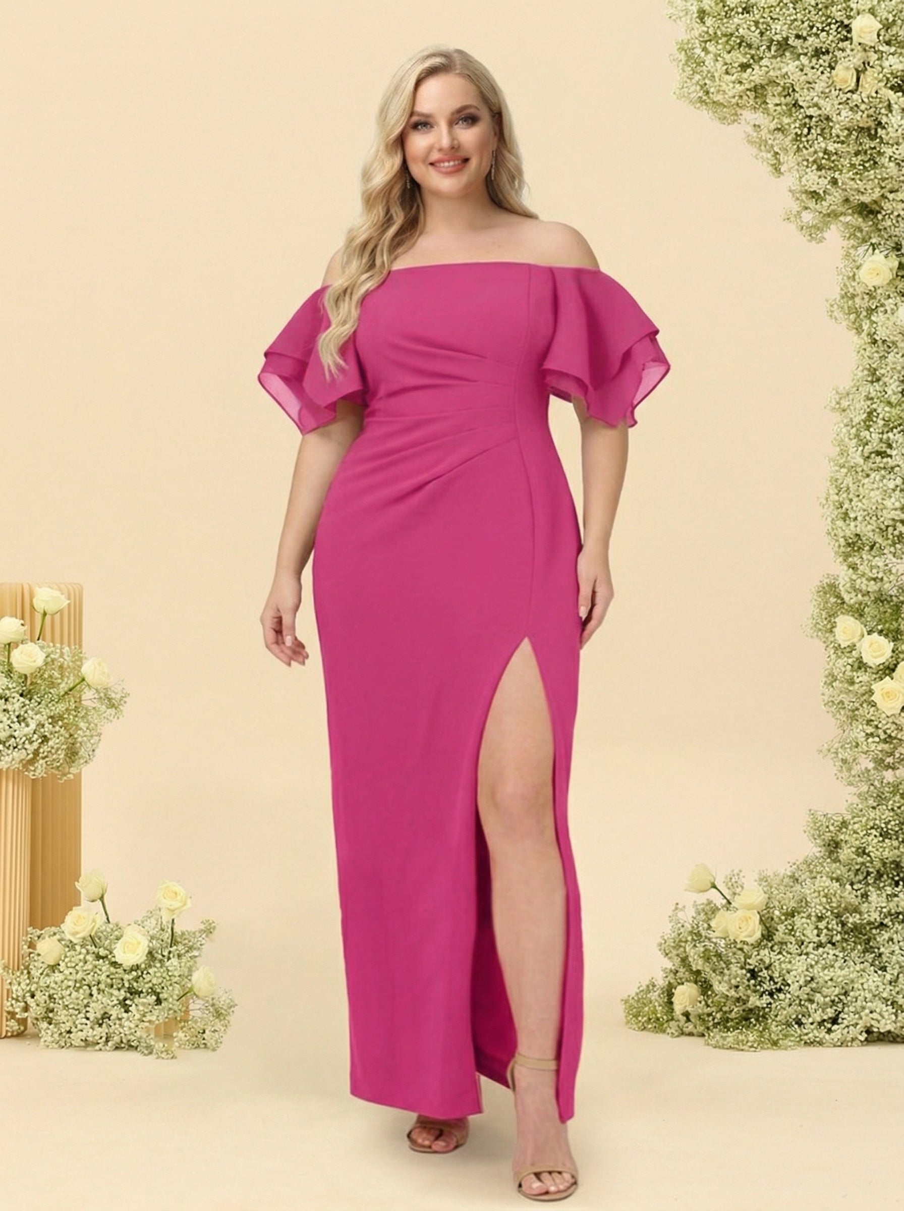 Sheath/Column Off-the-Shoulder Short Sleeves Plus Size Bridesmaid Dresses with Split Side
