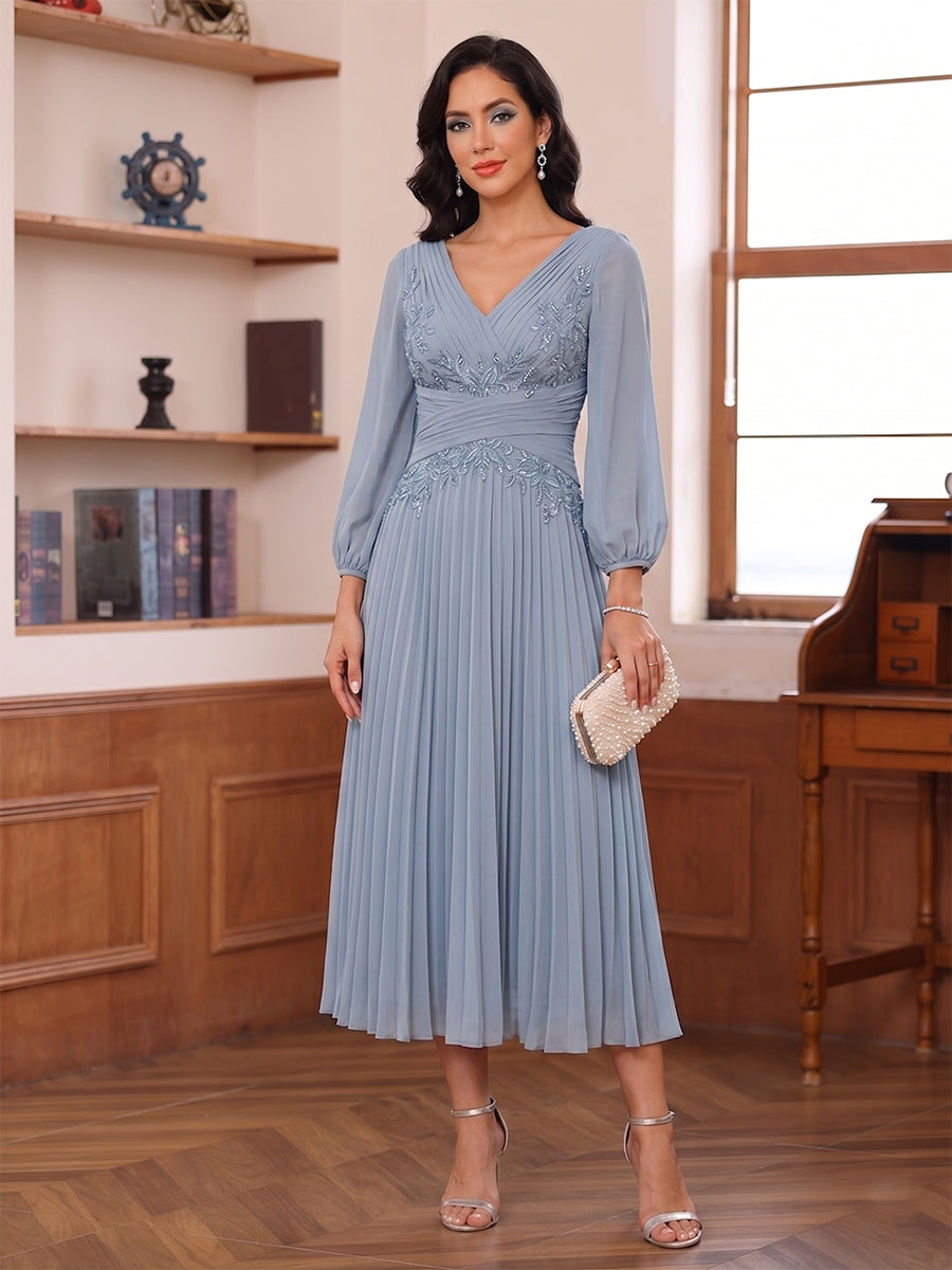 A-Line/Princess V-Neck Tea-Length Mother of the Bride Dresses With Pleats & Sequins