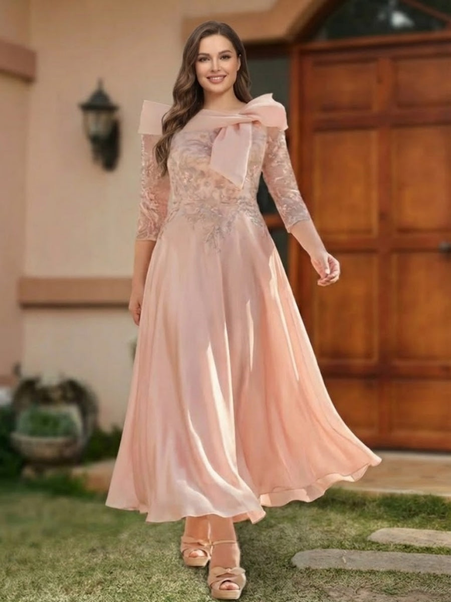 A-Line/Princess Off-the-Shoulder Ankle-Length Plus Size Mother of the Bride Dresses With Bow(s) & Appliques