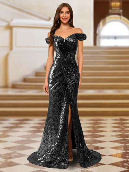 Sparkly Trumpet/Mermaid Off-the-Shoulder Long Evening Dresses with Split Side