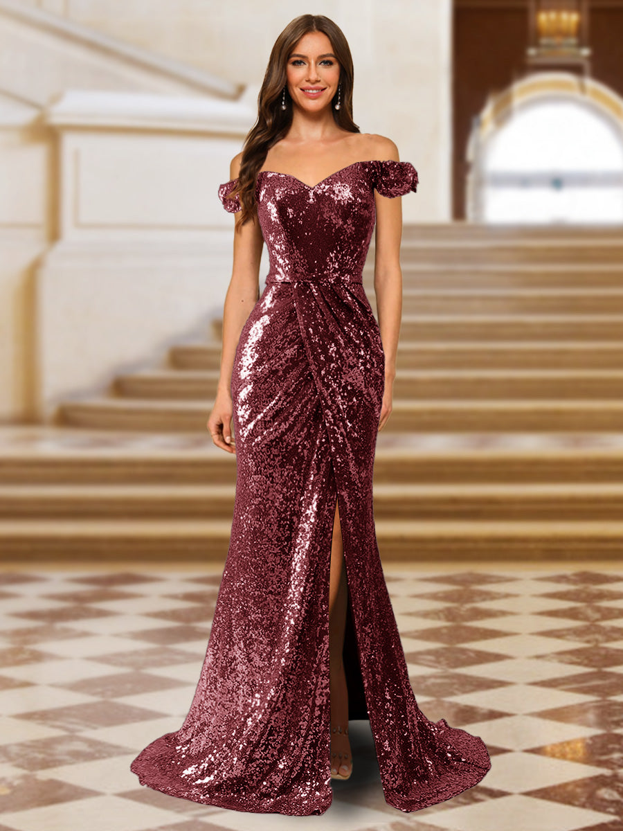 Sparkly Trumpet/Mermaid Off-the-Shoulder Long Evening Dresses with Split Side