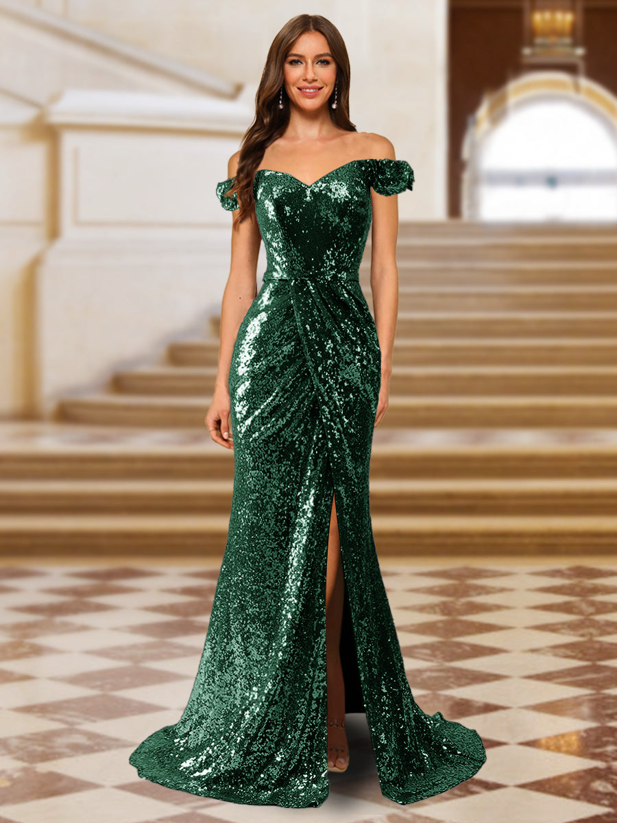 Sparkly Trumpet/Mermaid Off-the-Shoulder Long Evening Dresses with Split Side