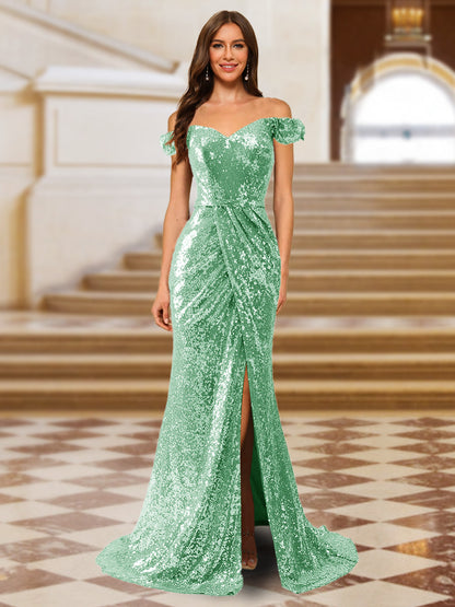 Sparkly Trumpet/Mermaid Off-the-Shoulder Long Evening Dresses with Split Side
