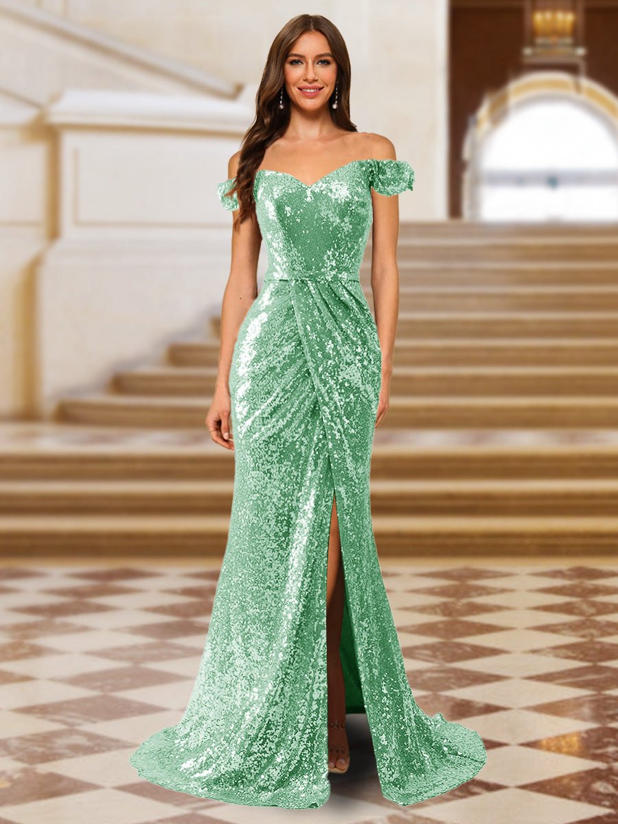 Sparkly Trumpet/Mermaid Off-the-Shoulder Long Evening Dresses with Split Side