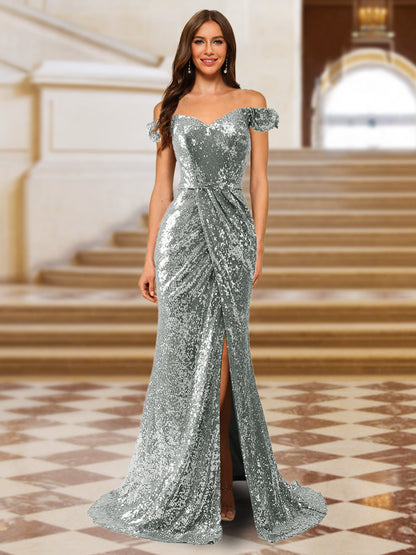 Sparkly Trumpet/Mermaid Off-the-Shoulder Long Evening Dresses with Split Side