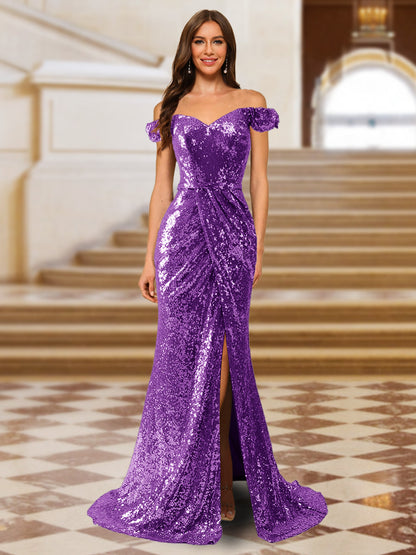 Sparkly Trumpet/Mermaid Off-the-Shoulder Long Evening Dresses with Split Side