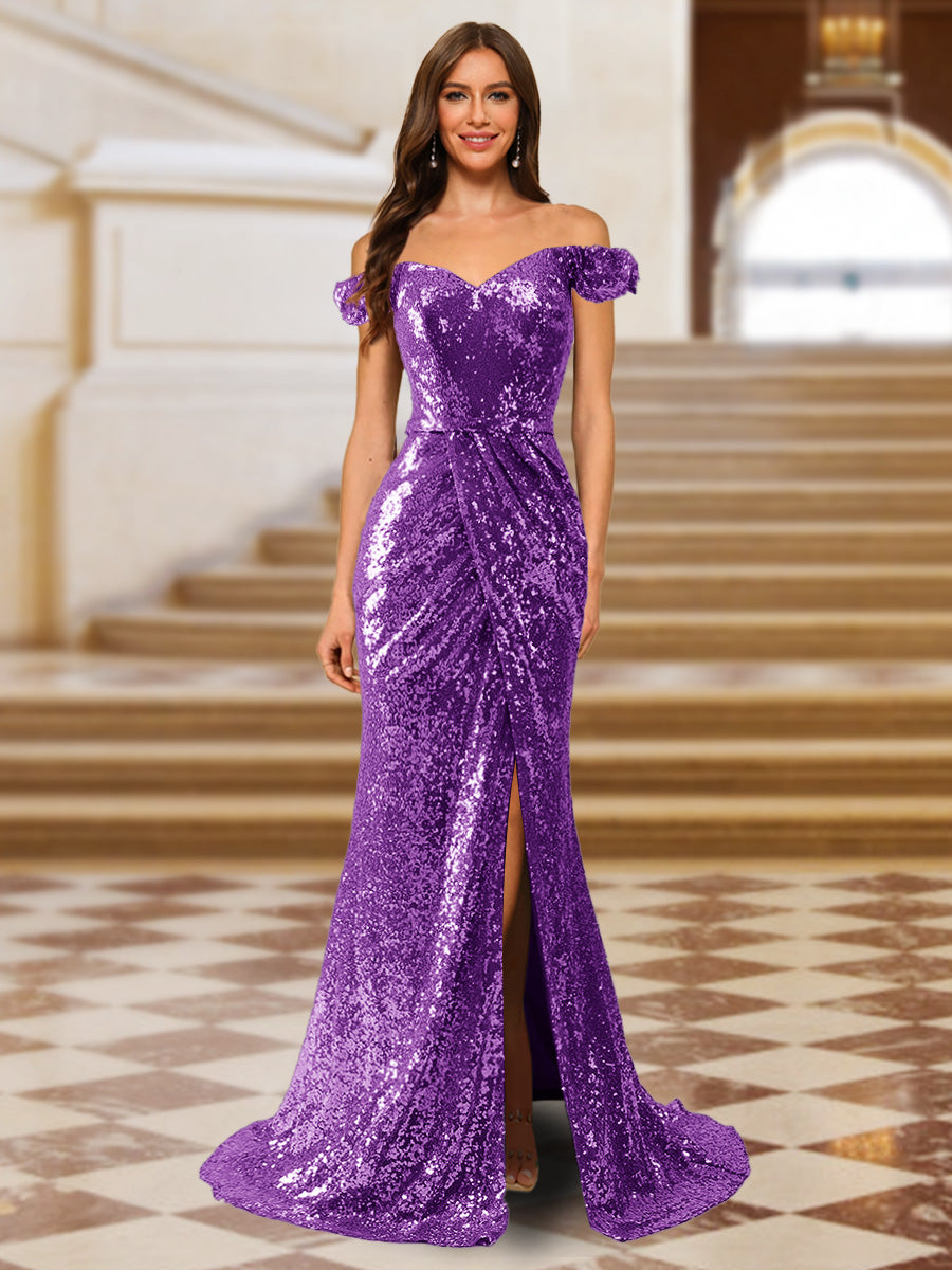 Sparkly Trumpet/Mermaid Off-the-Shoulder Long Evening Dresses with Split Side