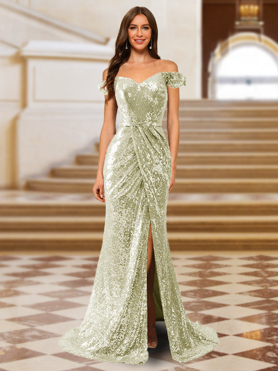 Sparkly Trumpet/Mermaid Off-the-Shoulder Long Evening Dresses with Split Side