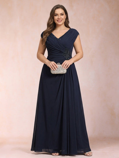 A-Line/Princess V-Neck Chiffon Ruched Plus Size Mother of the Bride Dresses with Appliques & Beading