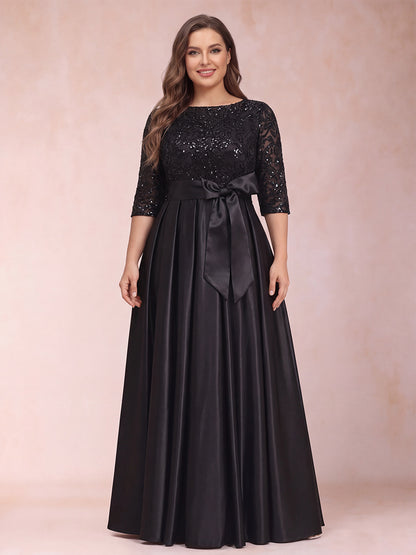 A-Line/Princess Scoop Half Sleeves Plus Size Mother of the Bride Dresses with Appliques & Bow