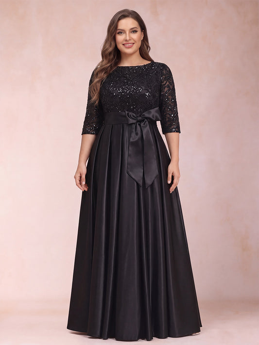 A-Line/Princess Scoop Half Sleeves Plus Size Mother of the Bride Dresses with Appliques & Bow