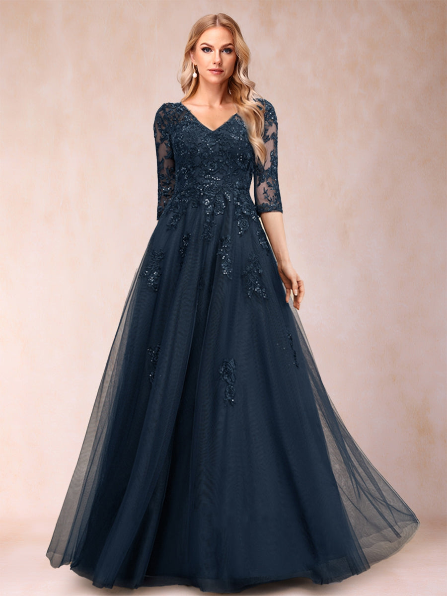 Tulle Long Lace Appliques V Neck A Line Mother of the Bride Dresses main image 1