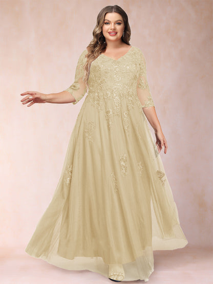 A-Line/Princess V-Neck 3/4 Sleeves Plus Size Mother of the Bride Dresses with Appliques & Sequins