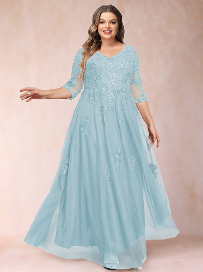 A-Line/Princess V-Neck 3/4 Sleeves Plus Size Mother of the Bride Dresses with Appliques & Sequins