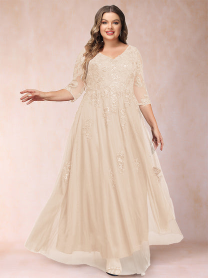 A-Line/Princess V-Neck 3/4 Sleeves Plus Size Mother of the Bride Dresses with Appliques & Sequins