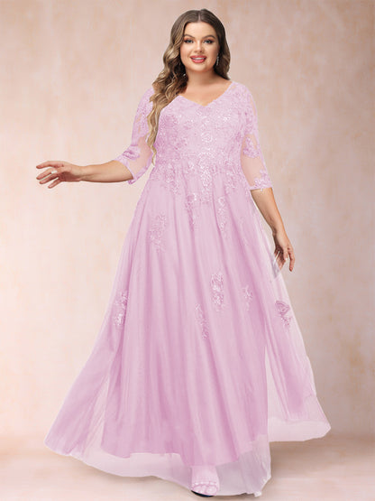 A-Line/Princess V-Neck 3/4 Sleeves Plus Size Mother of the Bride Dresses with Appliques & Sequins