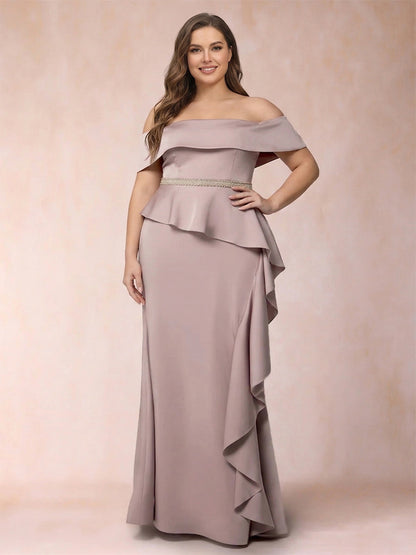 Sheath/Column Off-the-Shoulder Plus Size Mother of the Bride Dresses with Rhinestone & Ruffles