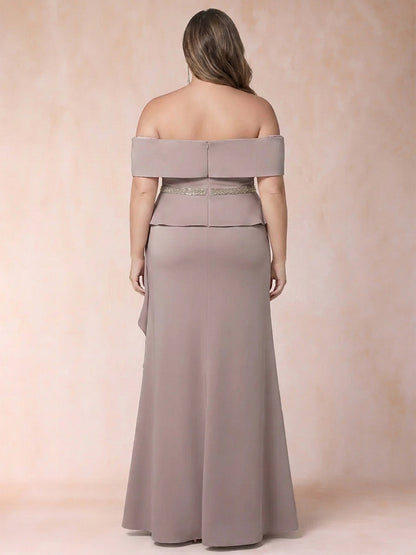Sheath/Column Off-the-Shoulder Plus Size Mother of the Bride Dresses with Rhinestone & Ruffles