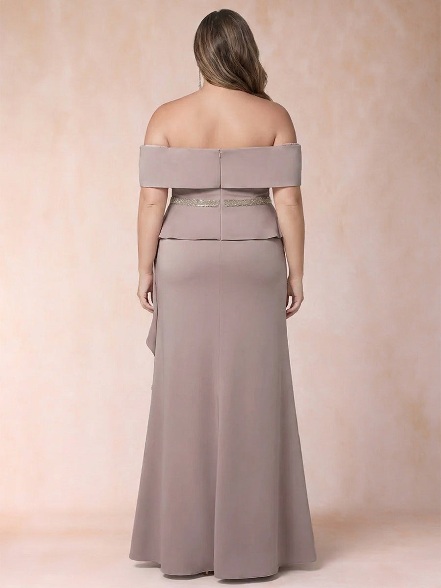 Sheath/Column Off-the-Shoulder Plus Size Mother of the Bride Dresses with Rhinestone & Ruffles