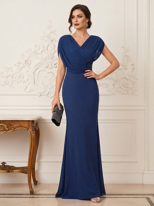 Trumpet/Mermaid V-Neck Short Sleeves Floor-Length Pleated Mother of the Bride Dresses with Rhinestone
