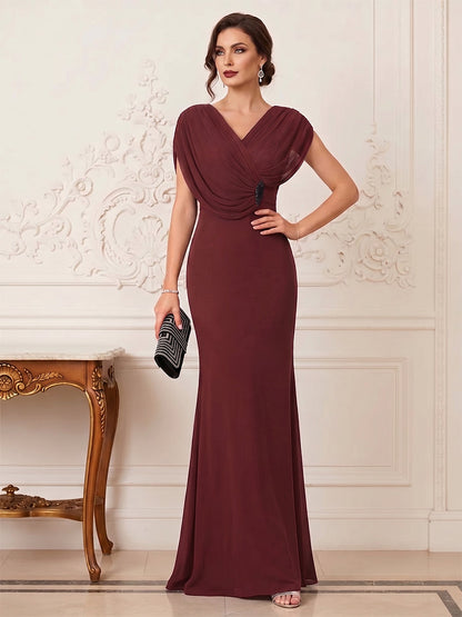 Trumpet/Mermaid V-Neck Short Sleeves Floor-Length Pleated Mother of the Bride Dresses with Rhinestone