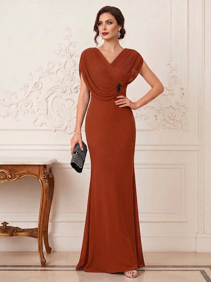Trumpet/Mermaid V-Neck Short Sleeves Floor-Length Pleated Mother of the Bride Dresses with Rhinestone