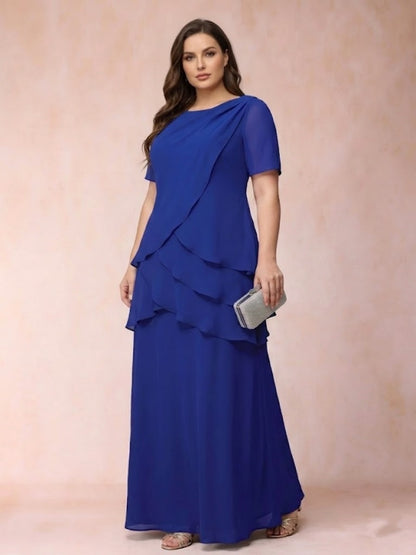 Sheath/Column Scoop Short Sleeves Chiffon Plus Size Mother of the Bride Dresses with Ruffles