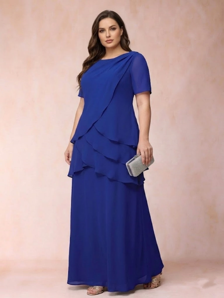 Sheath/Column Scoop Short Sleeves Chiffon Plus Size Mother of the Bride Dresses with Ruffles