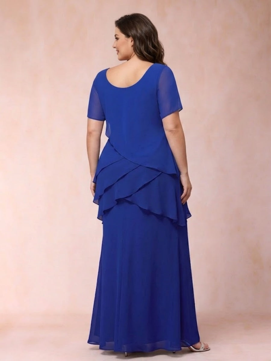 Sheath/Column Scoop Short Sleeves Chiffon Plus Size Mother of the Bride Dresses with Ruffles