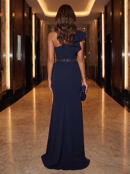 Sheath/Column One-Shoulder Evening Dresses with Ruffles & Split Side & Ruched