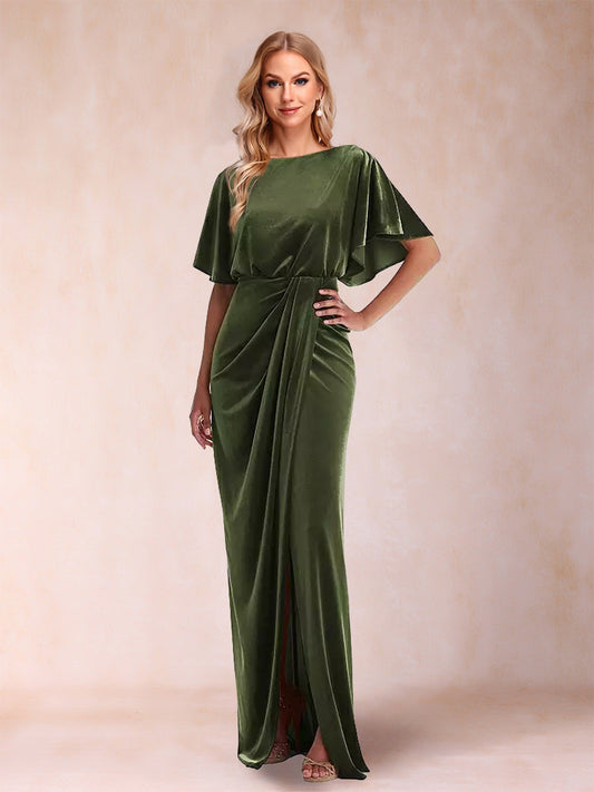 Sheath/Column Scoop Short Sleeves Floor-Length Evening Dresses with Split Side & Ruffles