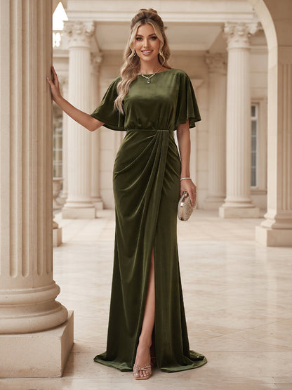 Sheath/Column Scoop Short Sleeves Velvet Floor-Length Formal Dresseswith Ruffles & Split Side