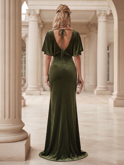Sheath/Column Scoop Short Sleeves Velvet Floor-Length Formal Dresseswith Ruffles & Split Side